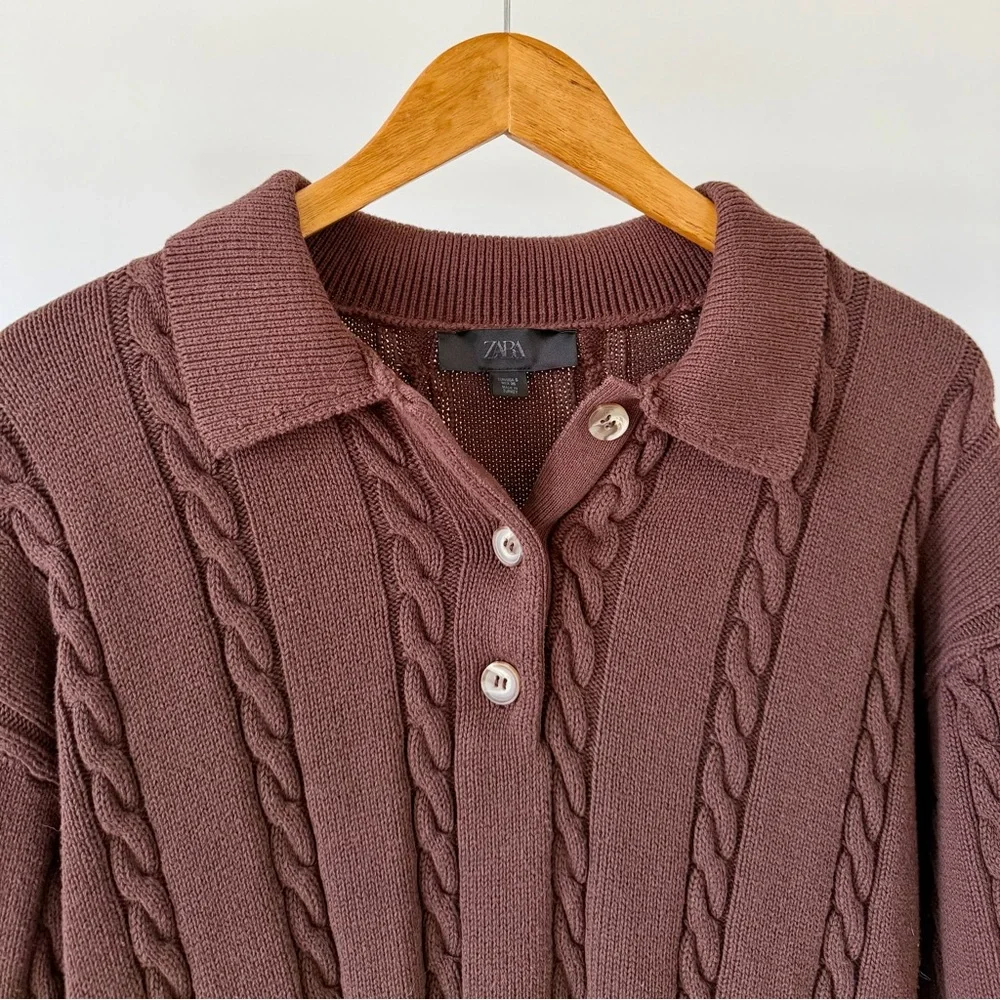 Zara Cable Knit Collared Henley Polo Oversized Sweater in Chocolate Brown - S